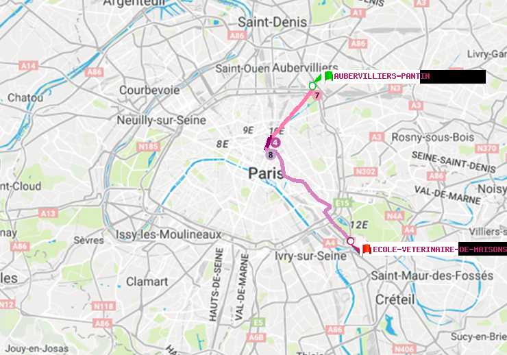plan itinéraire ratp de Aubervilliers Pantin (4 Chemins) à Ecole Vétérinaire de Maisons-Alfort