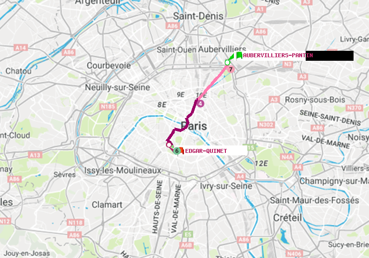 plan itinéraire ratp de Aubervilliers Pantin (4 Chemins) à Edgar-Quinet