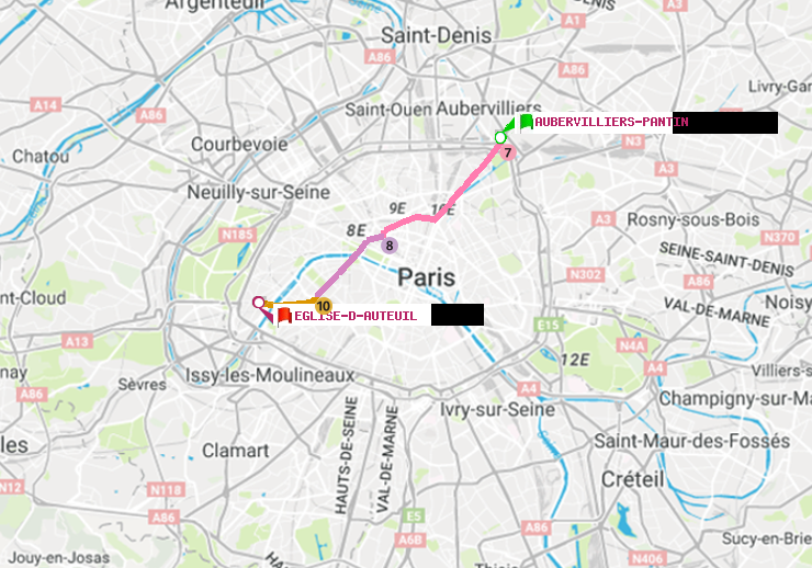 plan itinéraire ratp de Aubervilliers Pantin (4 Chemins) à Eglise d