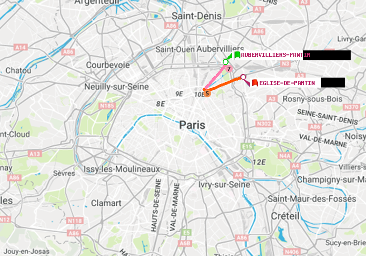 plan itinéraire ratp de Aubervilliers Pantin (4 Chemins) à Eglise de Pantin