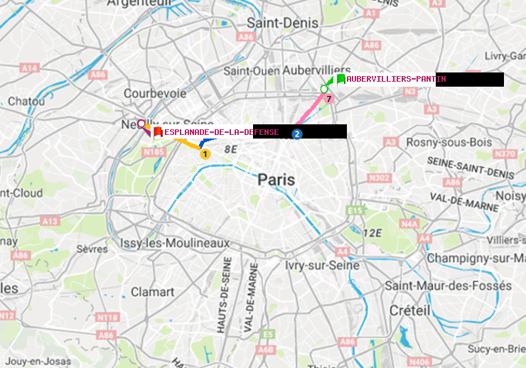 plan itinéraire ratp de Aubervilliers Pantin (4 Chemins) à Esplanade de la Défense