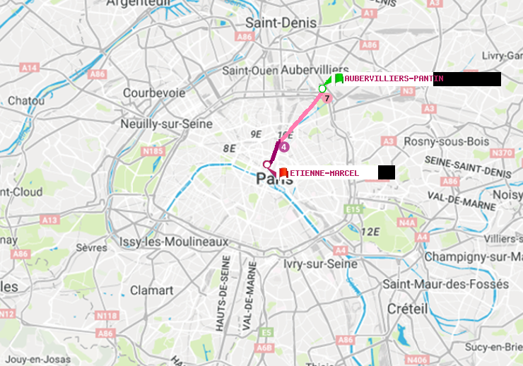 plan itinéraire ratp de Aubervilliers Pantin (4 Chemins) à Etienne Marcel