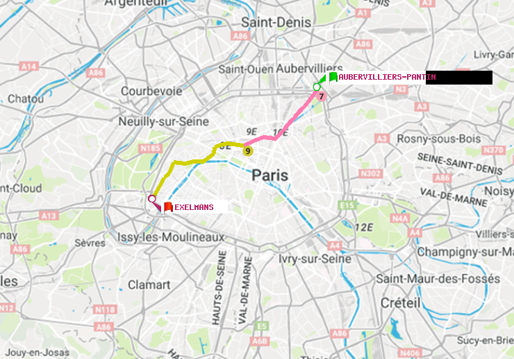 plan itinéraire ratp de Aubervilliers Pantin (4 Chemins) à Exelmans