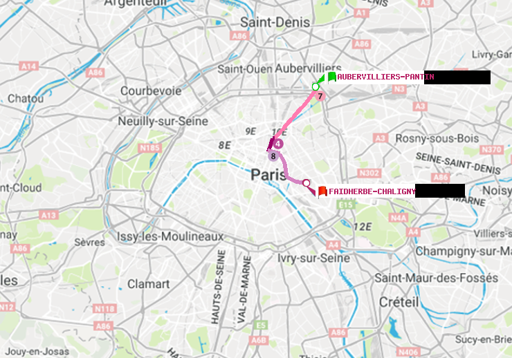 plan itinéraire ratp de Aubervilliers Pantin (4 Chemins) à Faidherbe-Chaligny