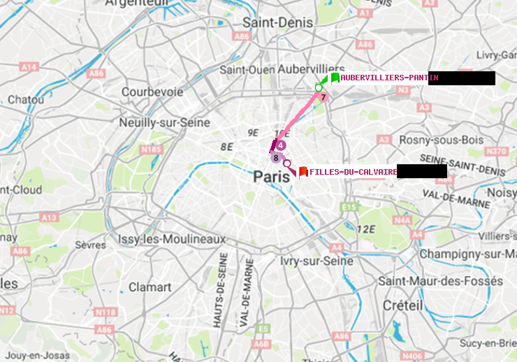 plan itinéraire ratp de Aubervilliers Pantin (4 Chemins) à Filles du Calvaire