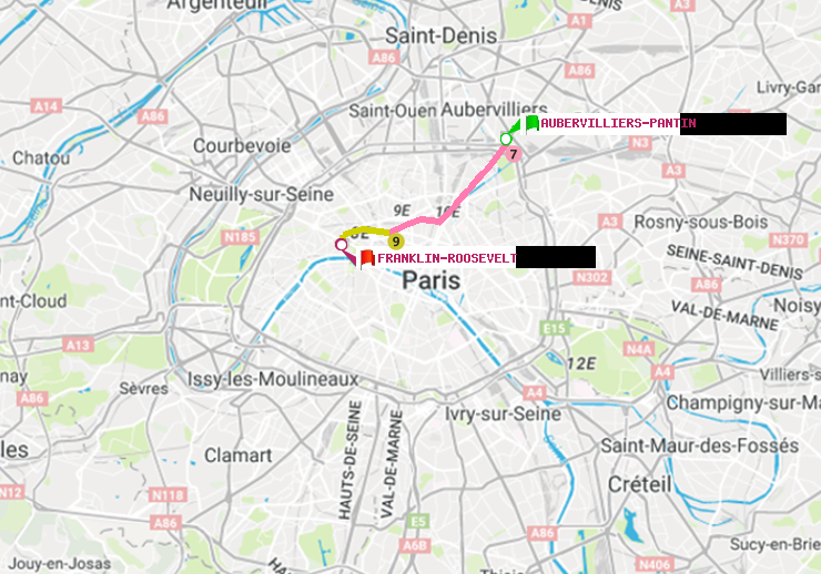 plan itinéraire ratp de Aubervilliers Pantin (4 Chemins) à Franklin-Roosevelt