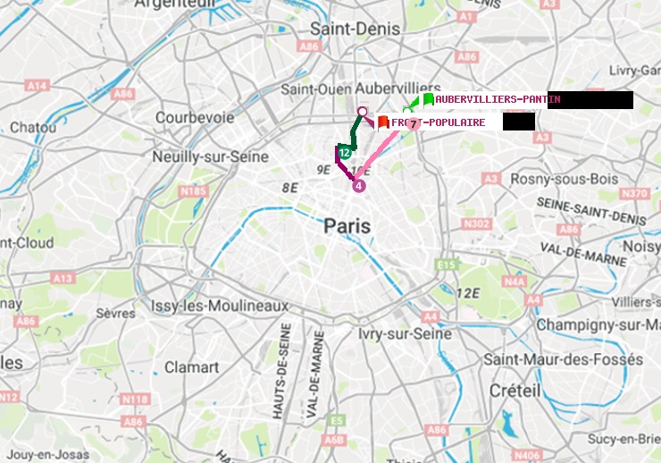 plan itinéraire ratp de Aubervilliers Pantin (4 Chemins) à Front Populaire
