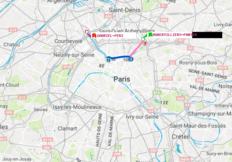 plan itinéraire ratp de Aubervilliers Pantin (4 Chemins) à Gabriel-Péri