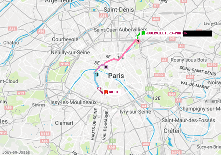 plan itinéraire ratp de Aubervilliers Pantin (4 Chemins) à Gaité