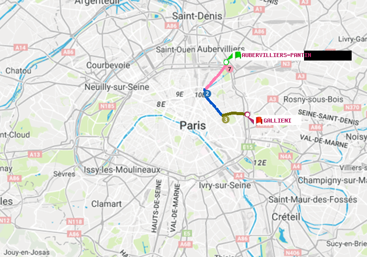 plan itinéraire ratp de Aubervilliers Pantin (4 Chemins) à Gallieni (Parc de Bagnolet)