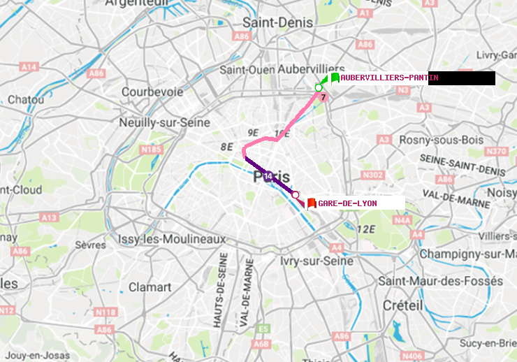 plan itinéraire ratp de Aubervilliers Pantin (4 Chemins) à Gare de Lyon