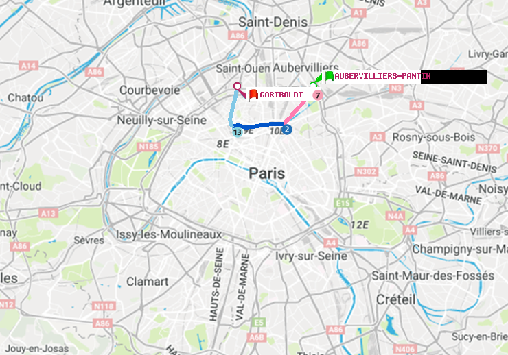 plan itinéraire ratp de Aubervilliers Pantin (4 Chemins) à Garibaldi