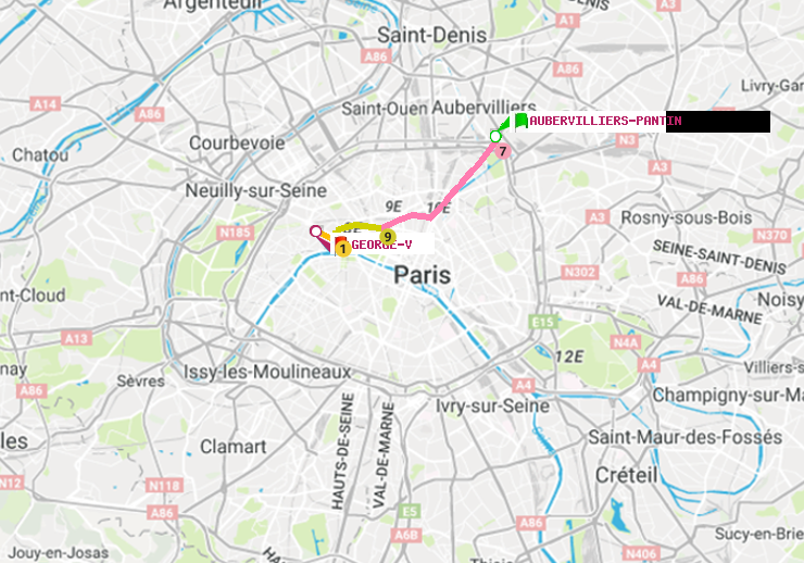 plan itinéraire ratp de Aubervilliers Pantin (4 Chemins) à George V