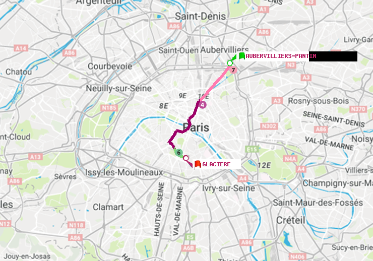 plan itinéraire ratp de Aubervilliers Pantin (4 Chemins) à Glacière