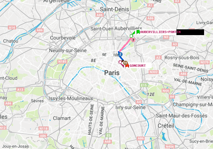 plan itinéraire ratp de Aubervilliers Pantin (4 Chemins) à Goncourt (Hôpital Saint-Louis)