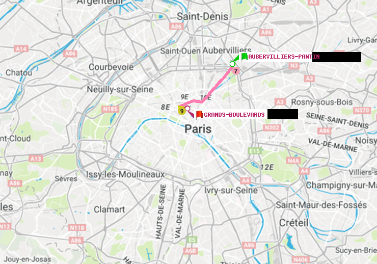 plan itinéraire ratp de Aubervilliers Pantin (4 Chemins) à Grands Boulevards