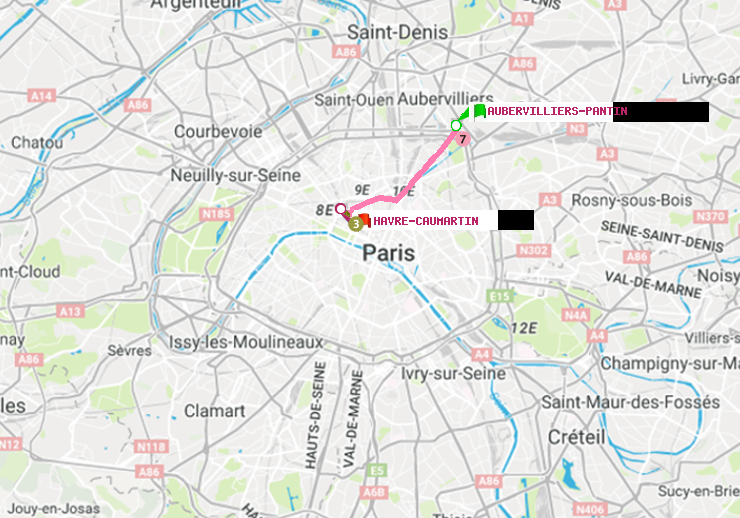 plan itinéraire ratp de Aubervilliers Pantin (4 Chemins) à Havre-Caumartin