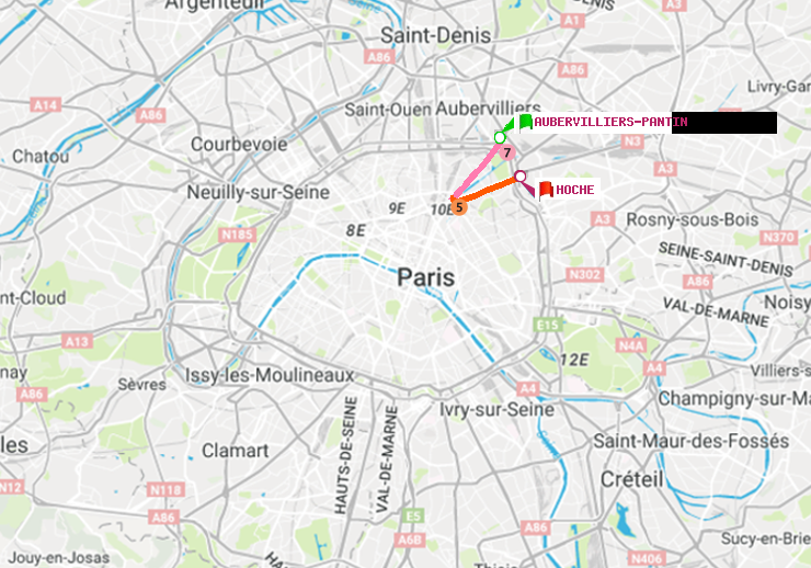 plan itinéraire ratp de Aubervilliers Pantin (4 Chemins) à Hoche