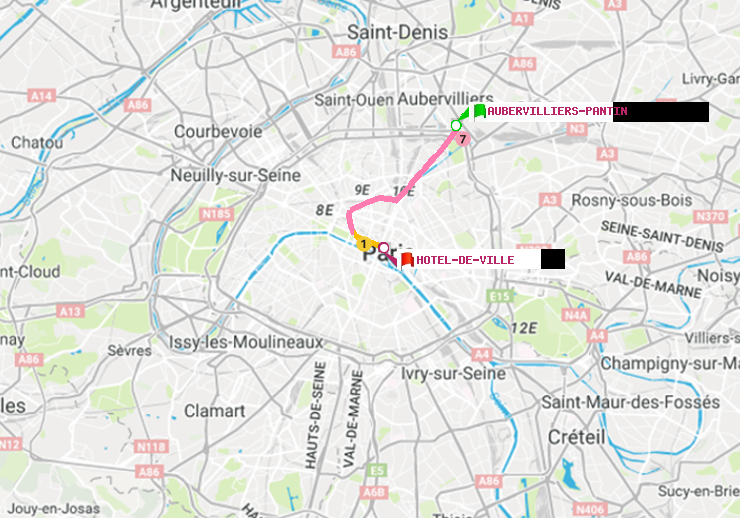 plan itinéraire ratp de Aubervilliers Pantin (4 Chemins) à Hôtel de Ville