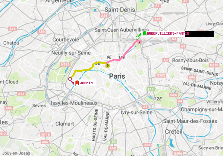 plan itinéraire ratp de Aubervilliers Pantin (4 Chemins) à Jasmin