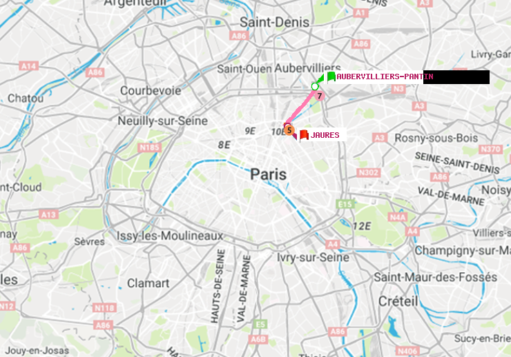 plan itinéraire ratp de Aubervilliers Pantin (4 Chemins) à Jaurès