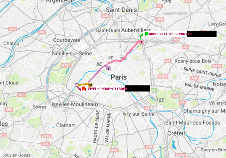 plan itinéraire ratp de Aubervilliers Pantin (4 Chemins) à Javel-André-Citroen