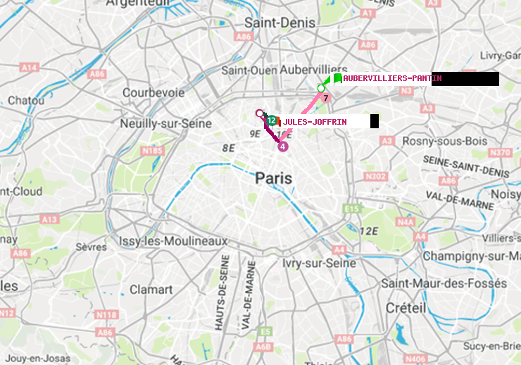 plan itinéraire ratp de Aubervilliers Pantin (4 Chemins) à Jules Joffrin