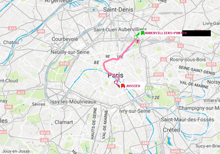 plan itinéraire ratp de Aubervilliers Pantin (4 Chemins) à Jussieu