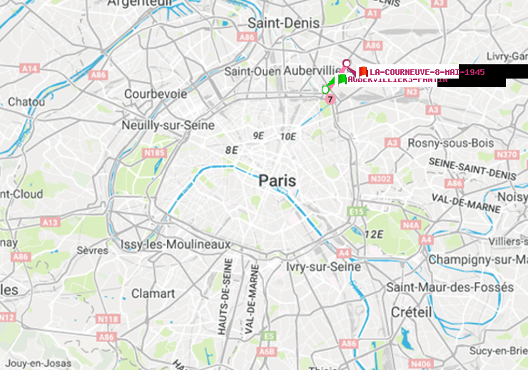 plan itinéraire ratp de Aubervilliers Pantin (4 Chemins) à La Courneuve-8-Mai-1945