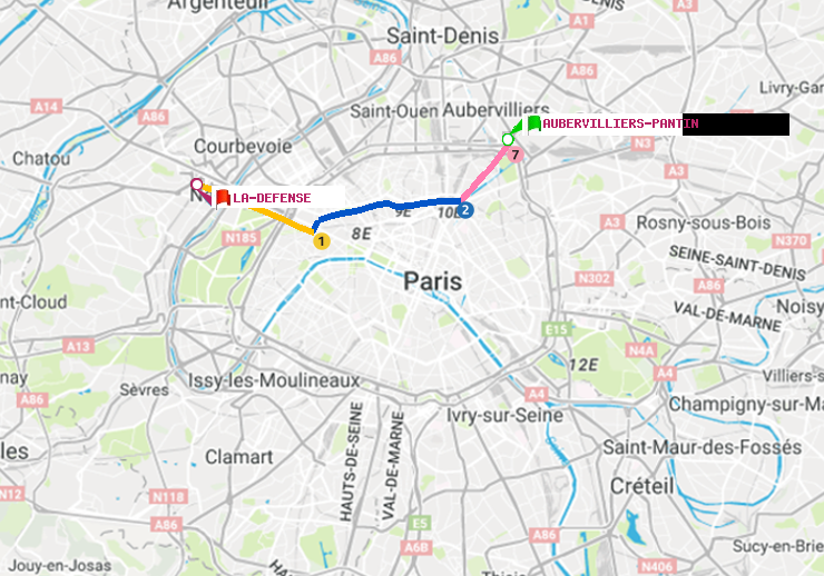 plan itinéraire ratp de Aubervilliers Pantin (4 Chemins) à La Défense (Grande Arche)