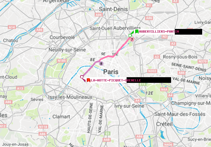 plan itinéraire ratp de Aubervilliers Pantin (4 Chemins) à La Motte-Picquet-Grenelle