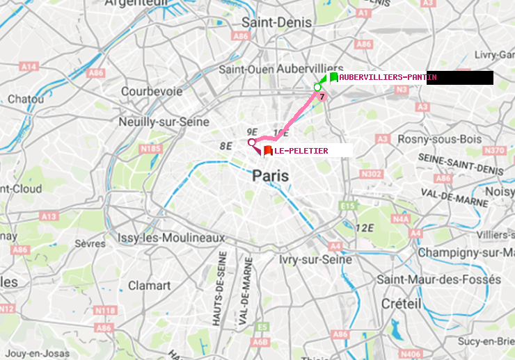 plan itinéraire ratp de Aubervilliers Pantin (4 Chemins) à Le Peletier