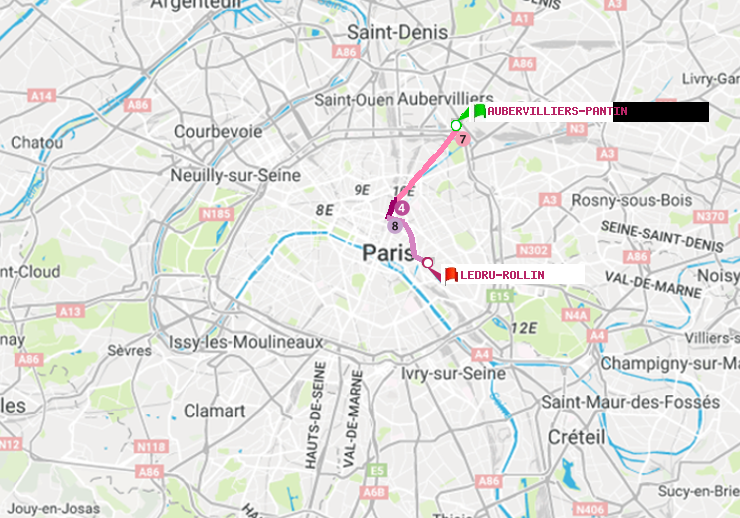 plan itinéraire ratp de Aubervilliers Pantin (4 Chemins) à Ledru-Rollin