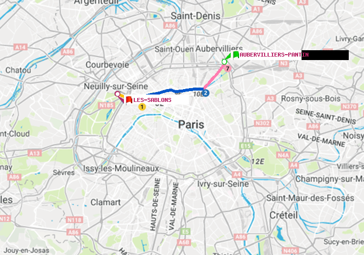 plan itinéraire ratp de Aubervilliers Pantin (4 Chemins) à Les Sablons (Jardin d