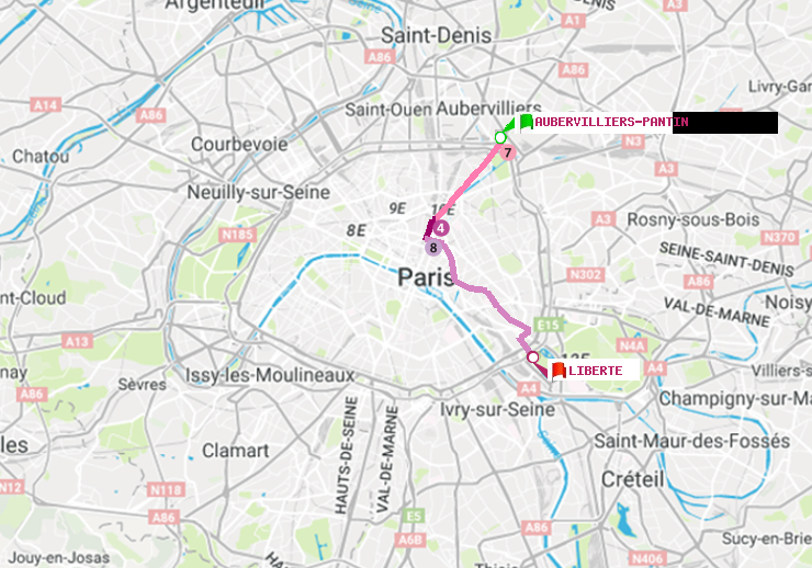 plan itinéraire ratp de Aubervilliers Pantin (4 Chemins) à Liberté