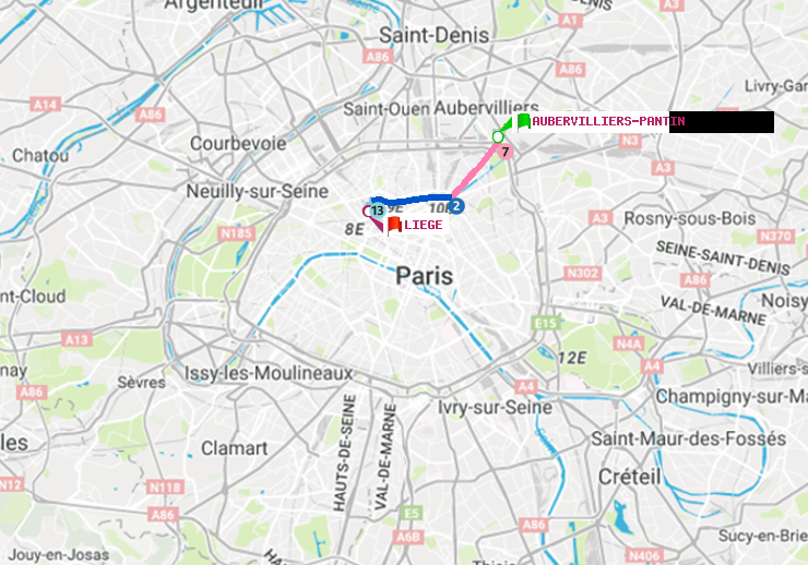 plan itinéraire ratp de Aubervilliers Pantin (4 Chemins) à Liège