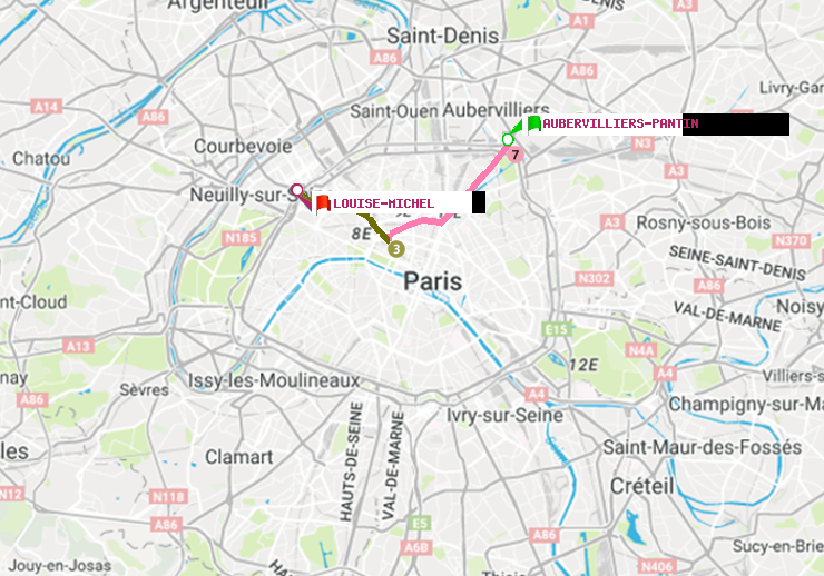 plan itinéraire ratp de Aubervilliers Pantin (4 Chemins) à Louise Michel