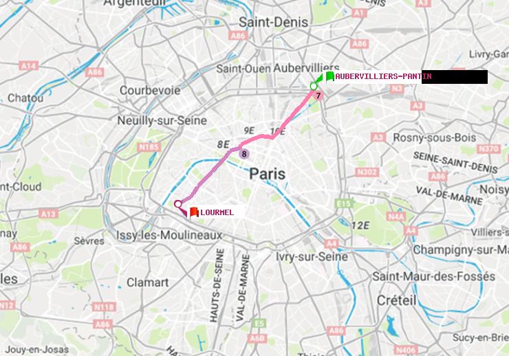 plan itinéraire ratp de Aubervilliers Pantin (4 Chemins) à Lourmel