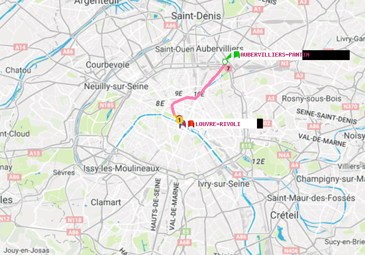plan itinéraire ratp de Aubervilliers Pantin (4 Chemins) à Louvre-Rivoli