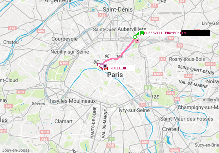 plan itinéraire ratp de Aubervilliers Pantin (4 Chemins) à Madeleine