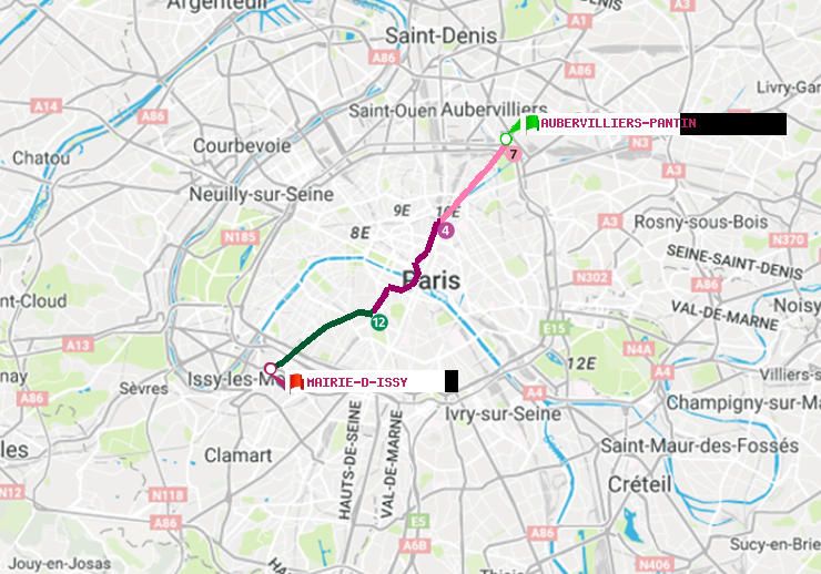 plan itinéraire ratp de Aubervilliers Pantin (4 Chemins) à Mairie d