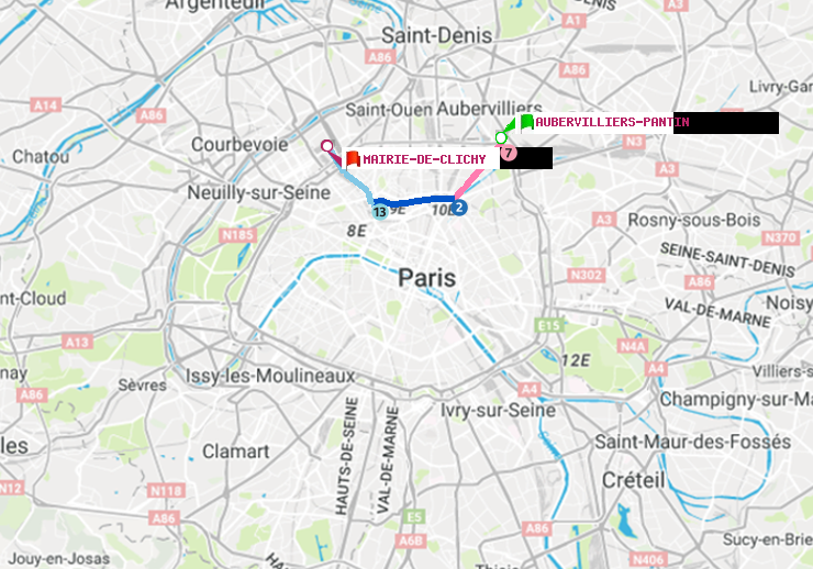 plan itinéraire ratp de Aubervilliers Pantin (4 Chemins) à Mairie de Clichy