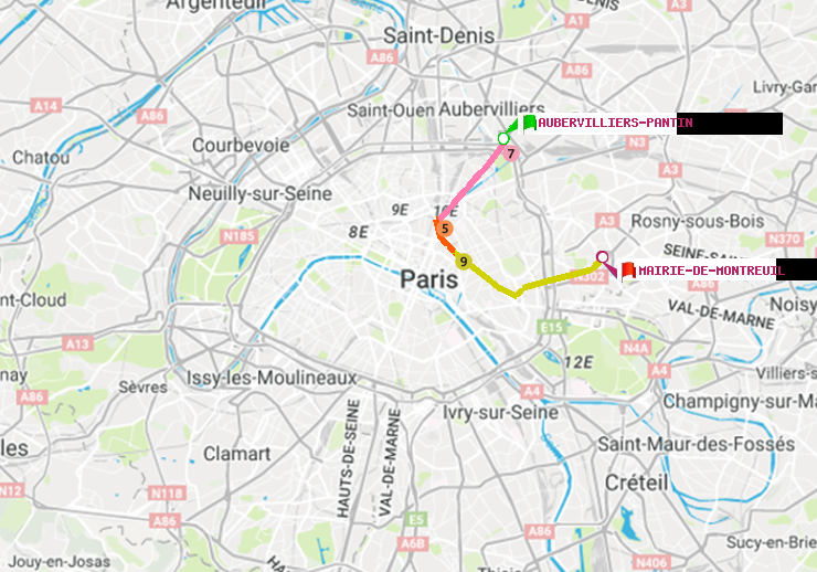 plan itinéraire ratp de Aubervilliers Pantin (4 Chemins) à Mairie de Montreuil