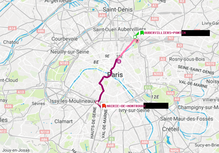 plan itinéraire ratp de Aubervilliers Pantin (4 Chemins) à Mairie de Montrouge