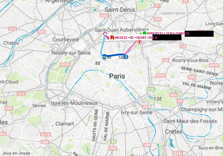 plan itinéraire ratp de Aubervilliers Pantin (4 Chemins) à Mairie de Saint-Ouen