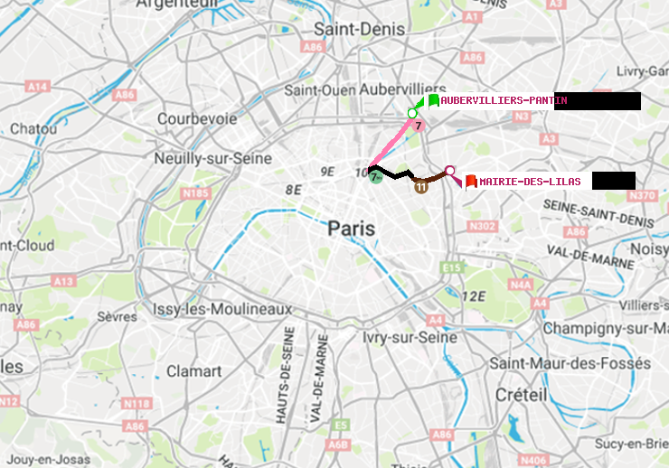 plan itinéraire ratp de Aubervilliers Pantin (4 Chemins) à Mairie des Lilas