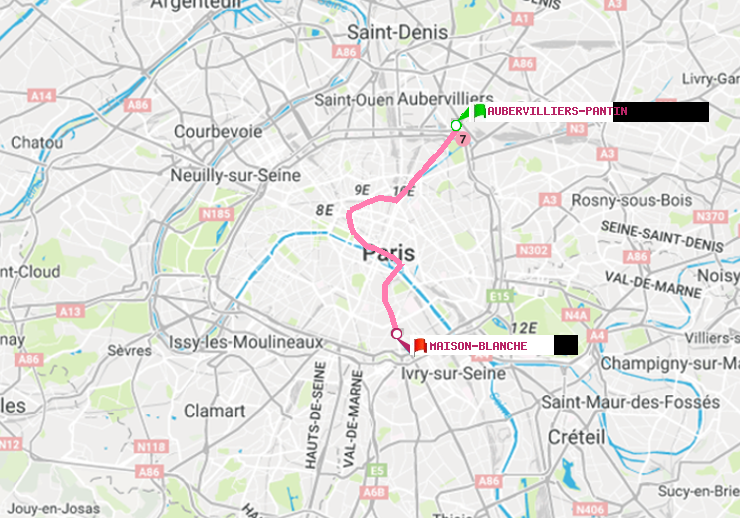 plan itinéraire ratp de Aubervilliers Pantin (4 Chemins) à Maison Blanche