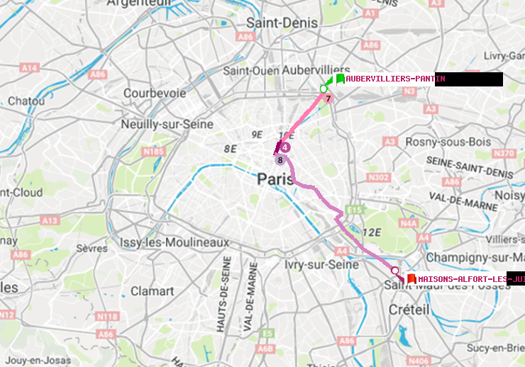 plan itinéraire ratp de Aubervilliers Pantin (4 Chemins) à Maisons-Alfort-Les Juilliottes