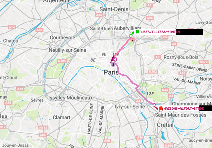 plan itinéraire ratp de Aubervilliers Pantin (4 Chemins) à Maisons-Alfort-Stade