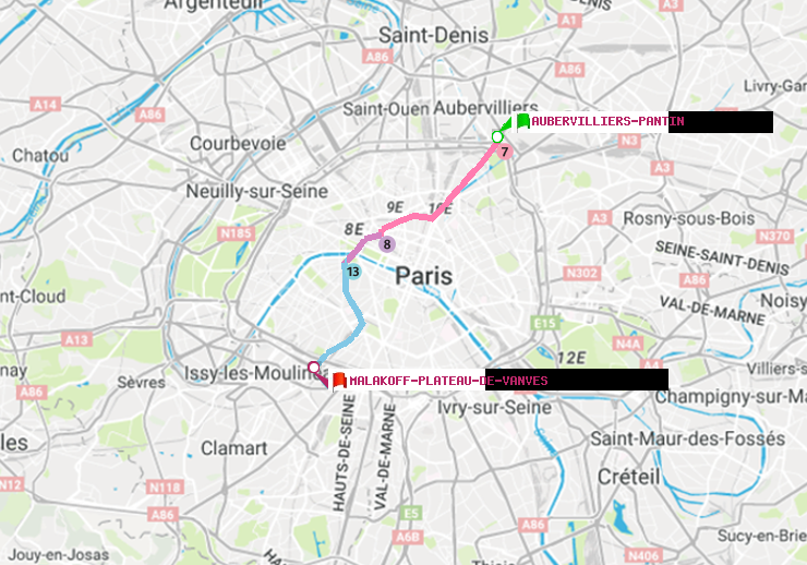 plan itinéraire ratp de Aubervilliers Pantin (4 Chemins) à Malakoff-Plateau de Vanves